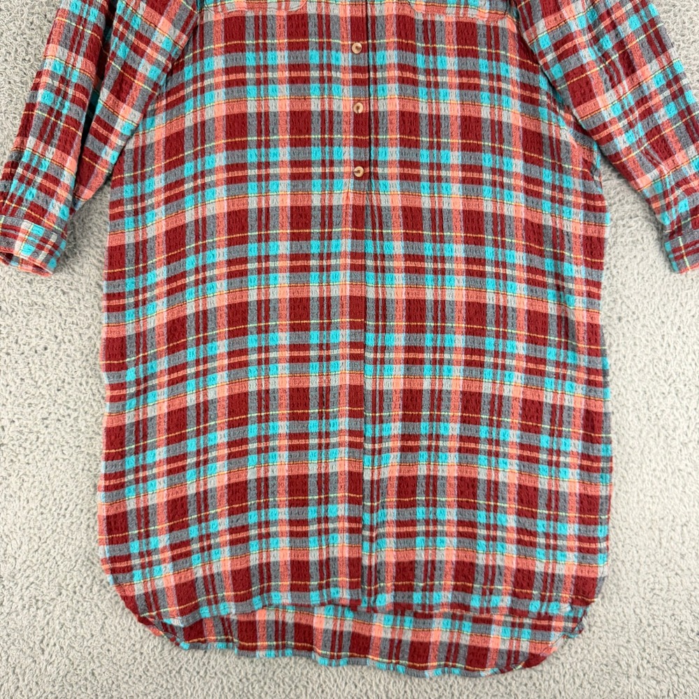 Pilcro Shirt Dress Women Medium Red Turquoise Plaid Crinkle Midi Tunic OB1609132 - Picture 4 of 14